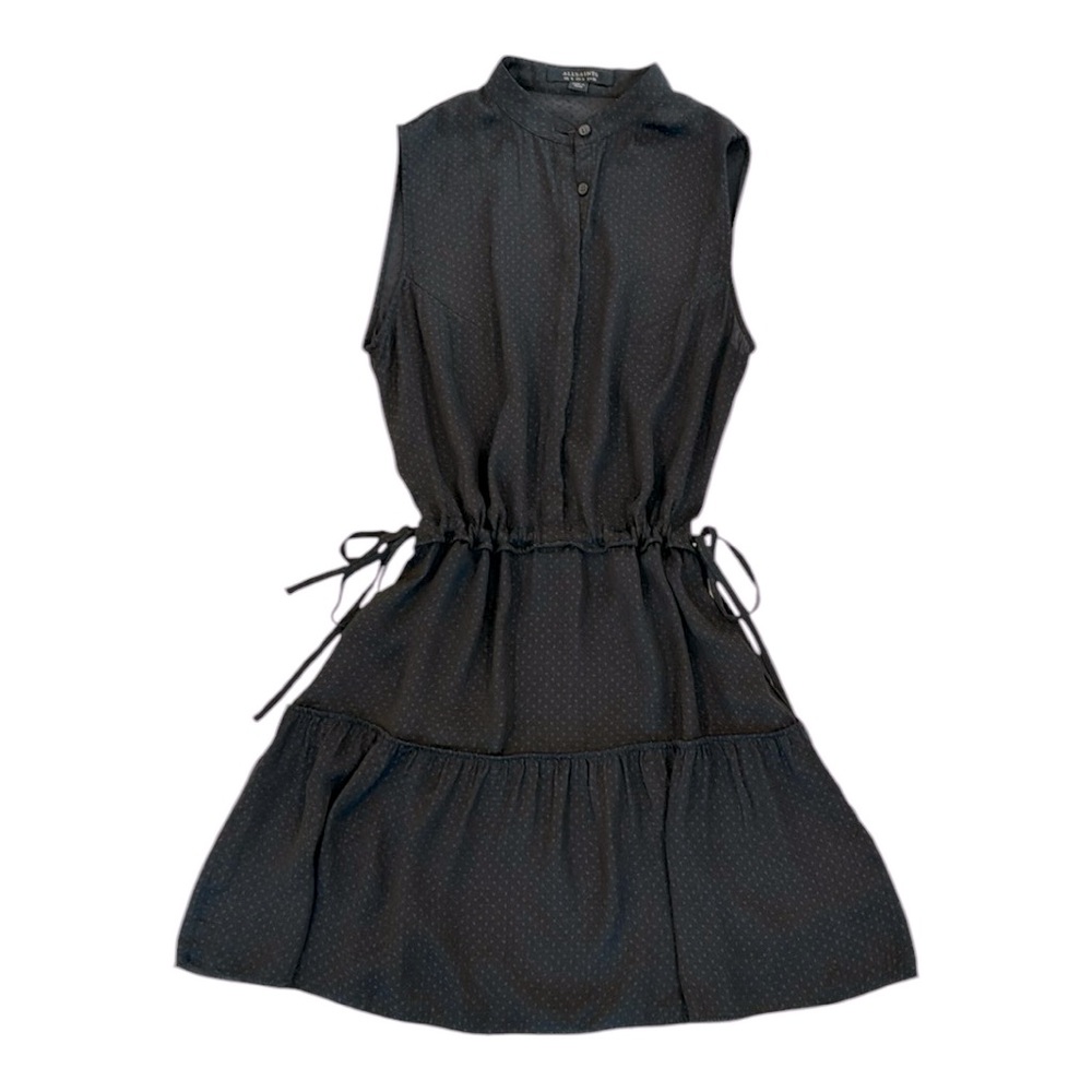 Allsaints Polka Dot Dress New Lin Black Size 4 Cinch Drawstring Mini Button Up